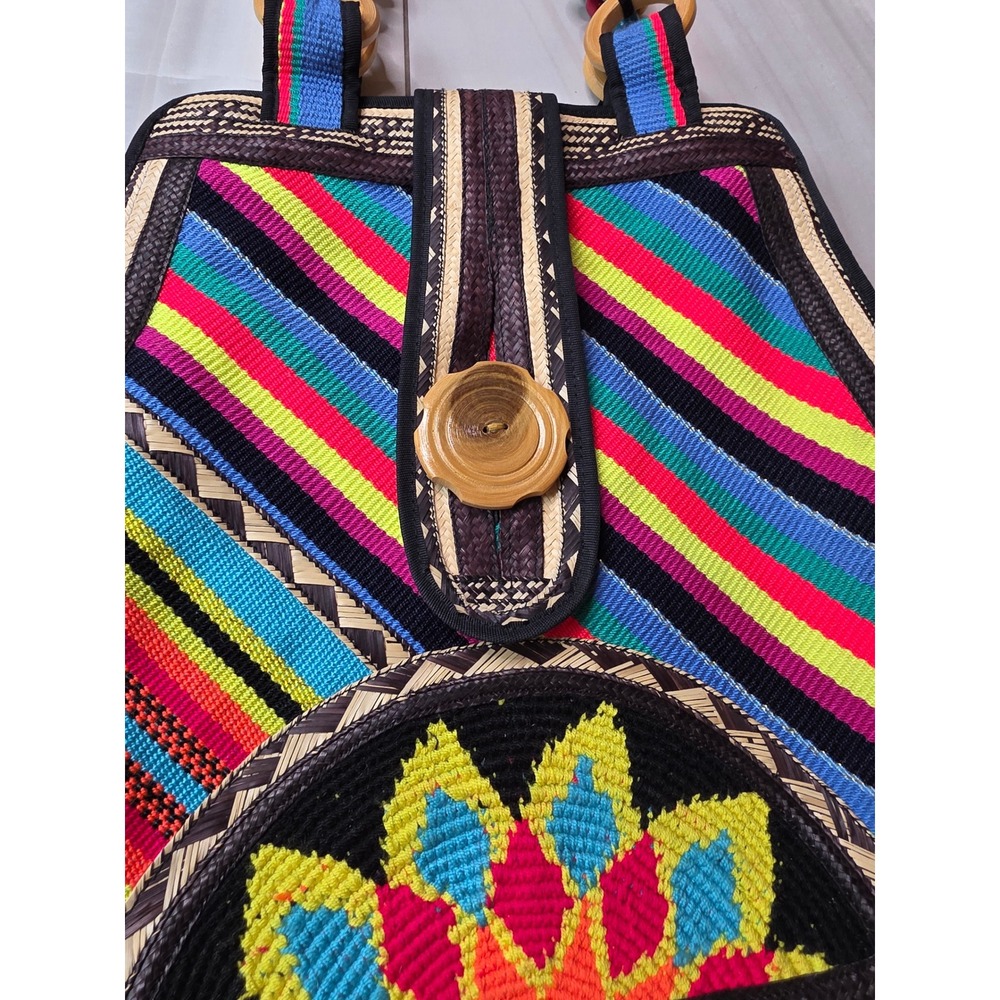 Boho Woven Straw Striped Tote Bag Multi Color Embroidered Floral Wooden F1 - Picture 8 of 16